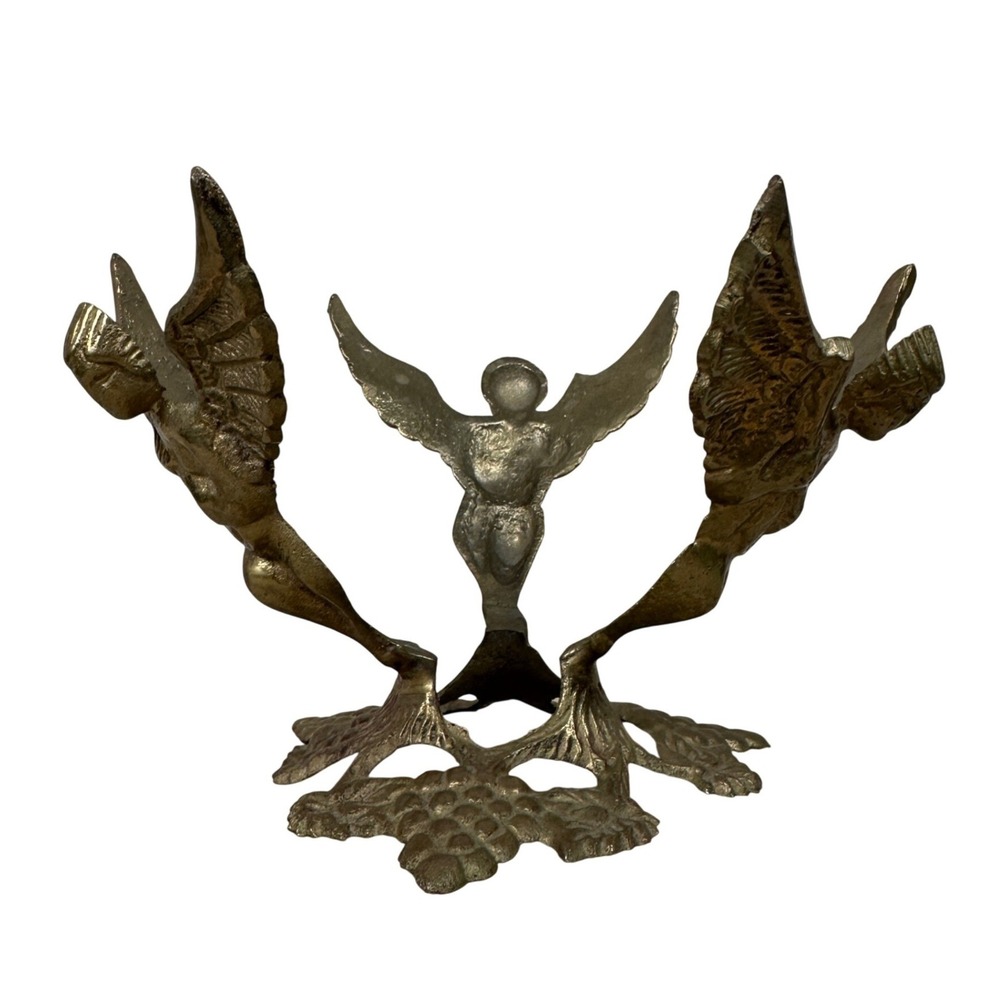 Vintage Brass Cherub Angel Figurine Ornate Grape Vine Base Stand Holder Bowl